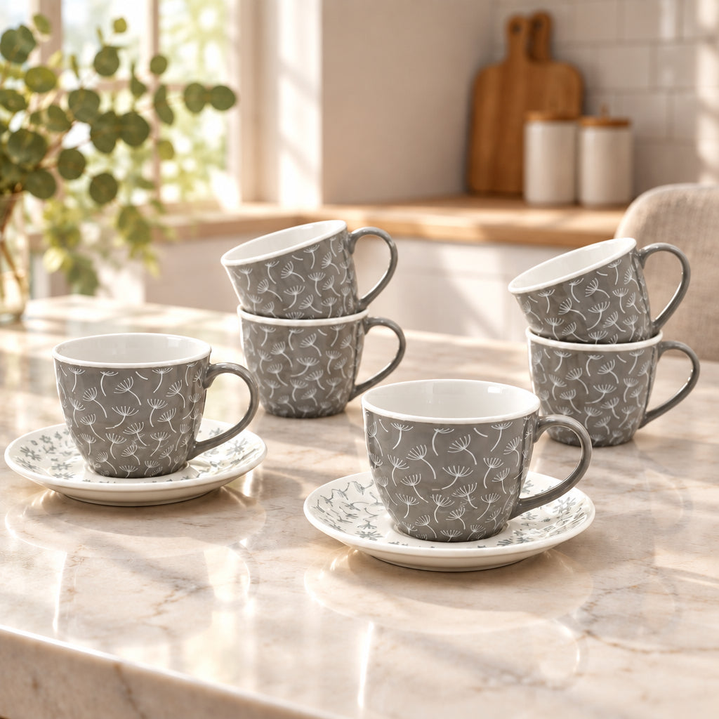 Dandelion Grey Cup and Saucer 6 Pieces Set 290ml at Zubaidas Homestore
