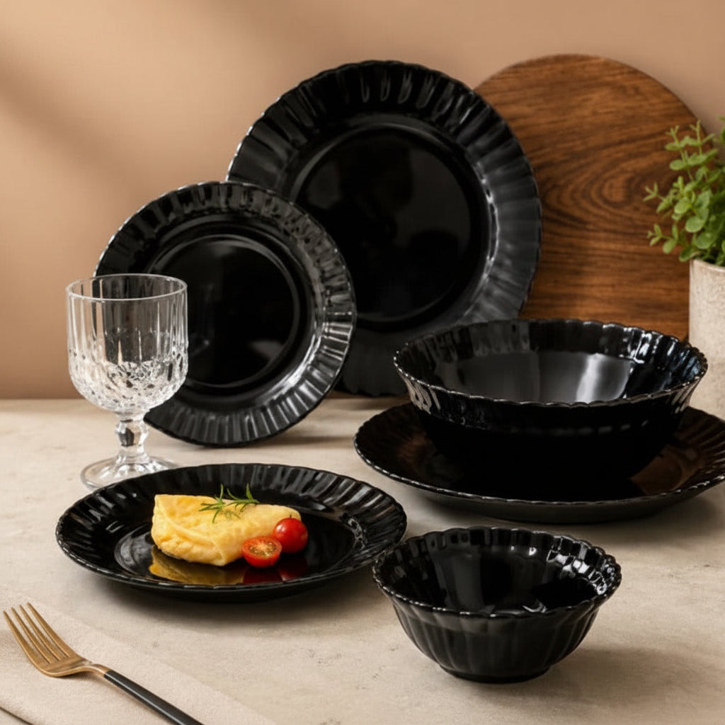 Danny Home 26 Pieces Black Opal Glass Dinner Set Black at Zubaidas Homestore Pakistan