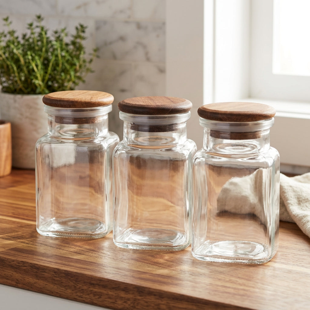 Danny Home Acacia Wood Lid Glass Jar 3 Pieces Set 75ml at Zubaidas Homestore