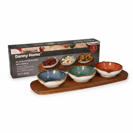 Danny Home Acacia Wooden Board with Ceramic Bowls 4 Pieces Set at Zubaidas Homestore 