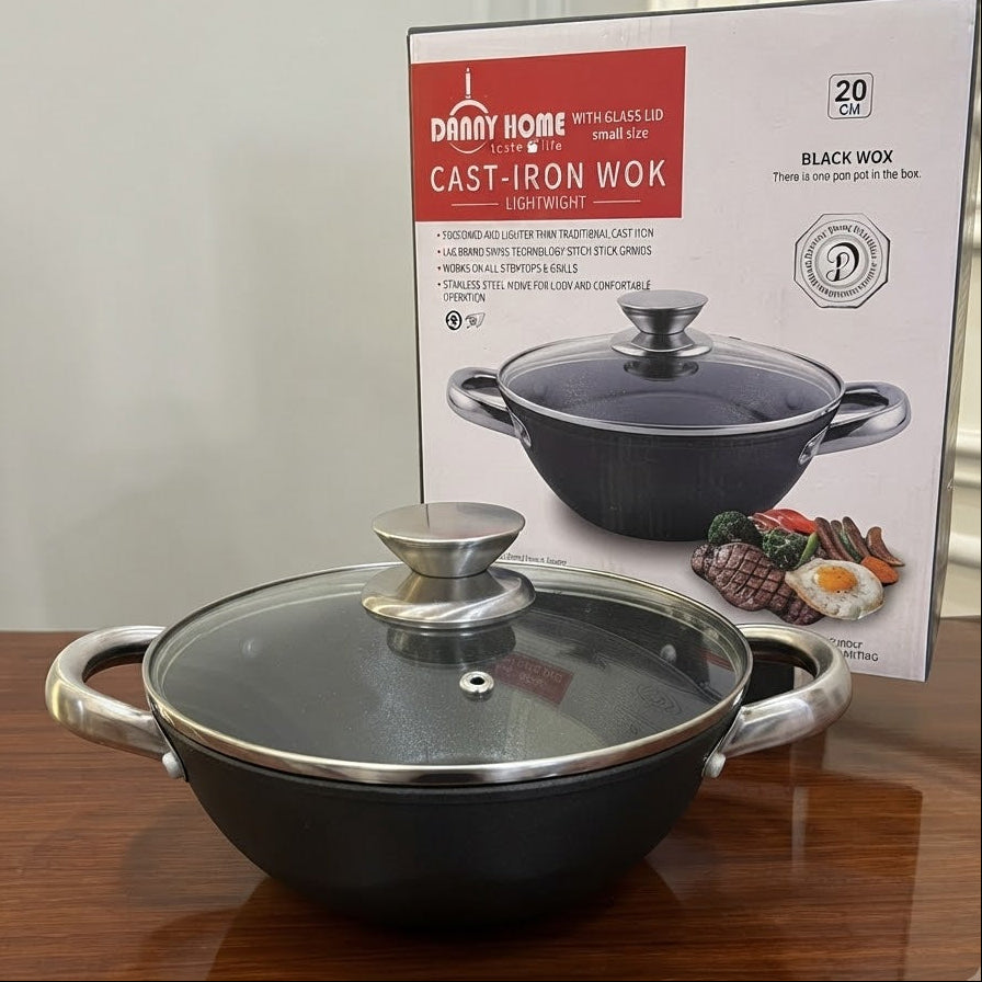 Danny Home Cast Iron Non Stick Wok With Glass Lid 20x8cm at Zubaidas Homestore