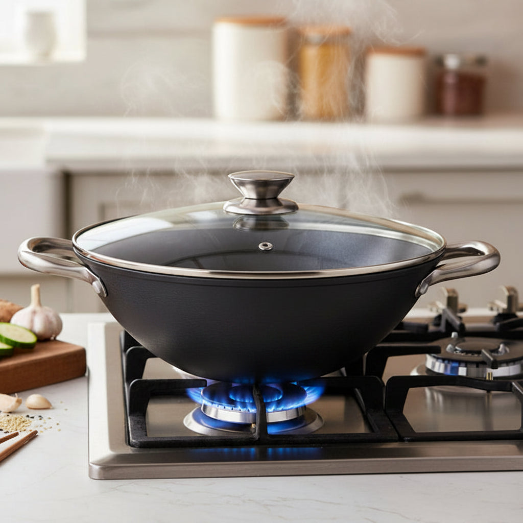 Danny Home Cast Iron Non Stick Wok With Glass Lid 26x9cm at Zubaidas Homestore Pakistan