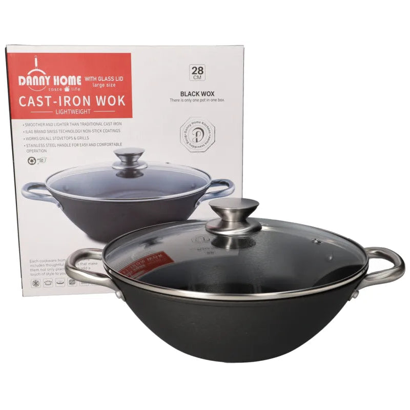Danny Home Cast Iron Non Stick Wok With Glass Lid 28x9.5cm at Zubaidas Homestore