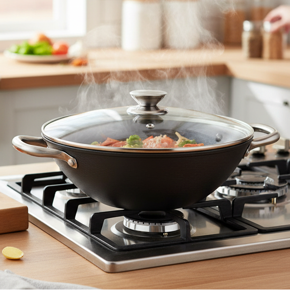 Danny Home Cast Iron Non Stick Wok With Glass Lid 28x9.5cm at Zubaidas Homestore Pakistan