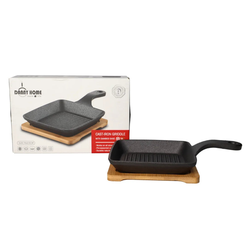 Danny Home Cast Iron Sizzling Fry Pan with Bamboo Base 15cm at Zubaidas Homestore 