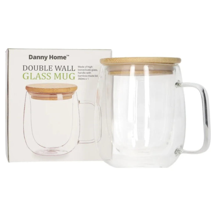 Danny Home Double Walled Glass Mug with Bamboo Lid 350ml at Zubaidas Homestore 