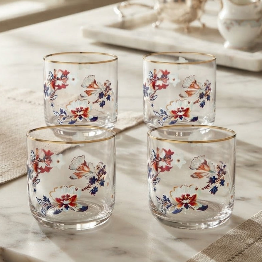 Danny Home Floral Gold Rim 4 Pieces Glass Set 340ml at Zubaidas Homestore 