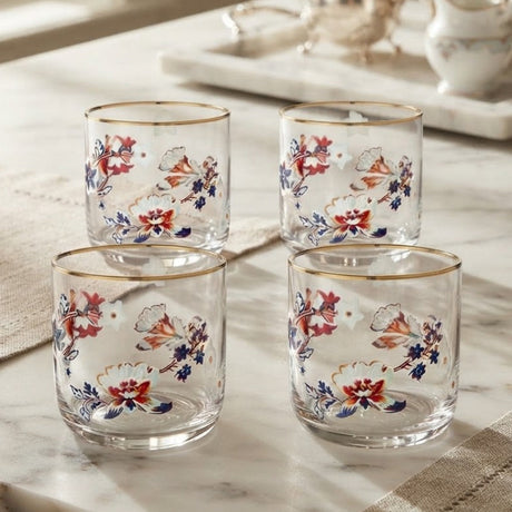 Danny Home Floral Gold Rim 4 Pieces Glass Set 340ml at Zubaidas Homestore 