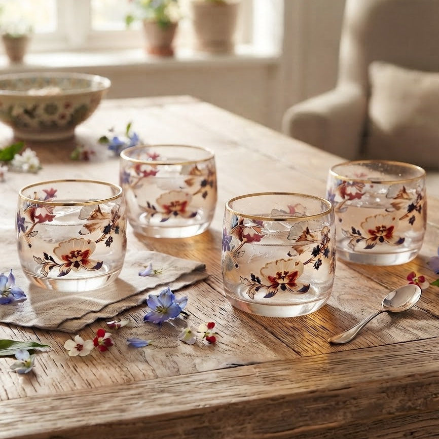 Danny Home Floral Gold Rim 4 Pieces Glass Set 345ml at Zubaidas Homestore 