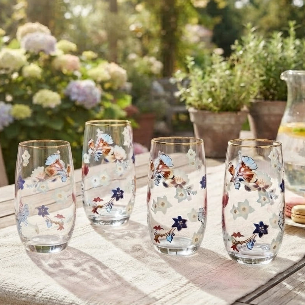 Danny Home Gold Rim Floral Tall Glass 4 Pieces Set 410ml at Zubaidas Homestore 