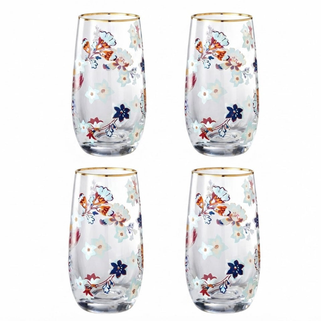 Danny Home Gold Rim Floral Tall Glass 4 Pieces Set 410ml at Zubaidas Homestore Pakistan