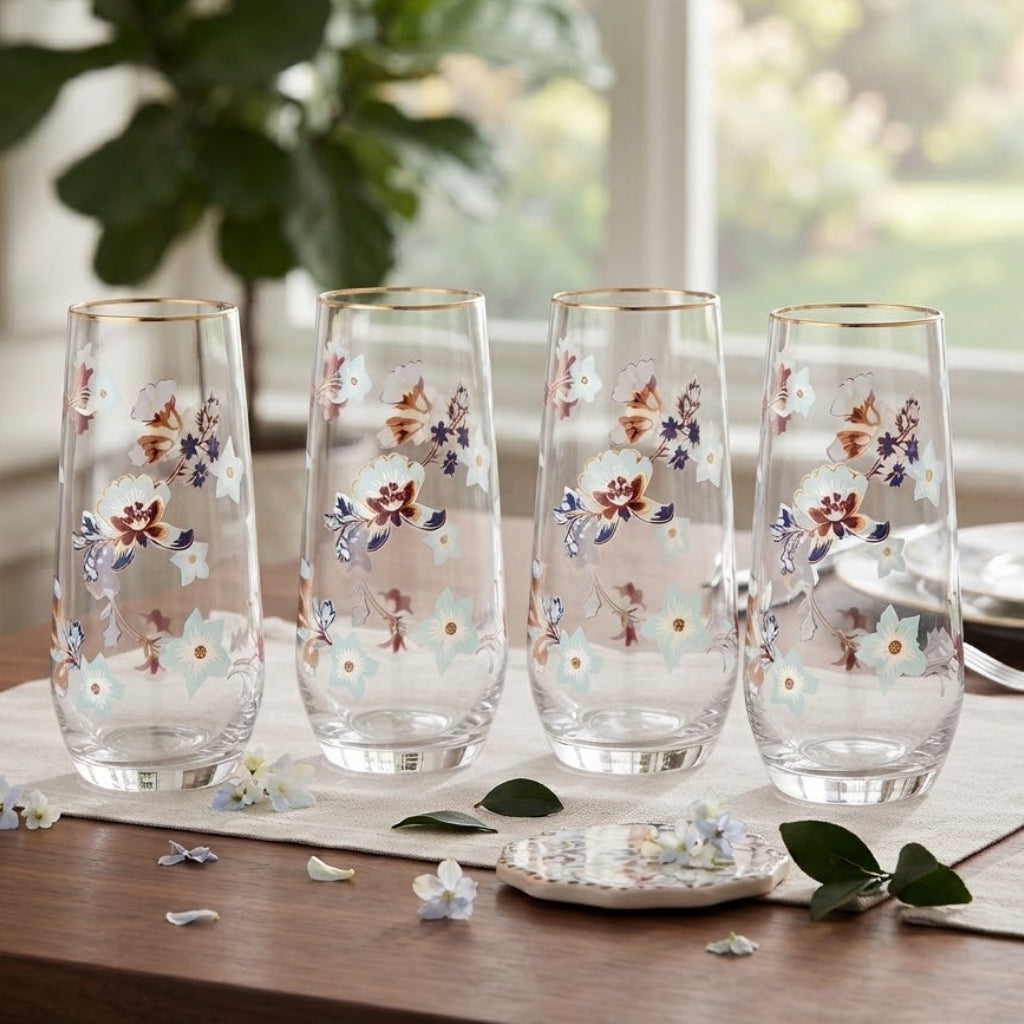 Danny Home Gold Rim Floral Tall Glass 4 Pieces Set 560ml at Zubaidas Homestore 