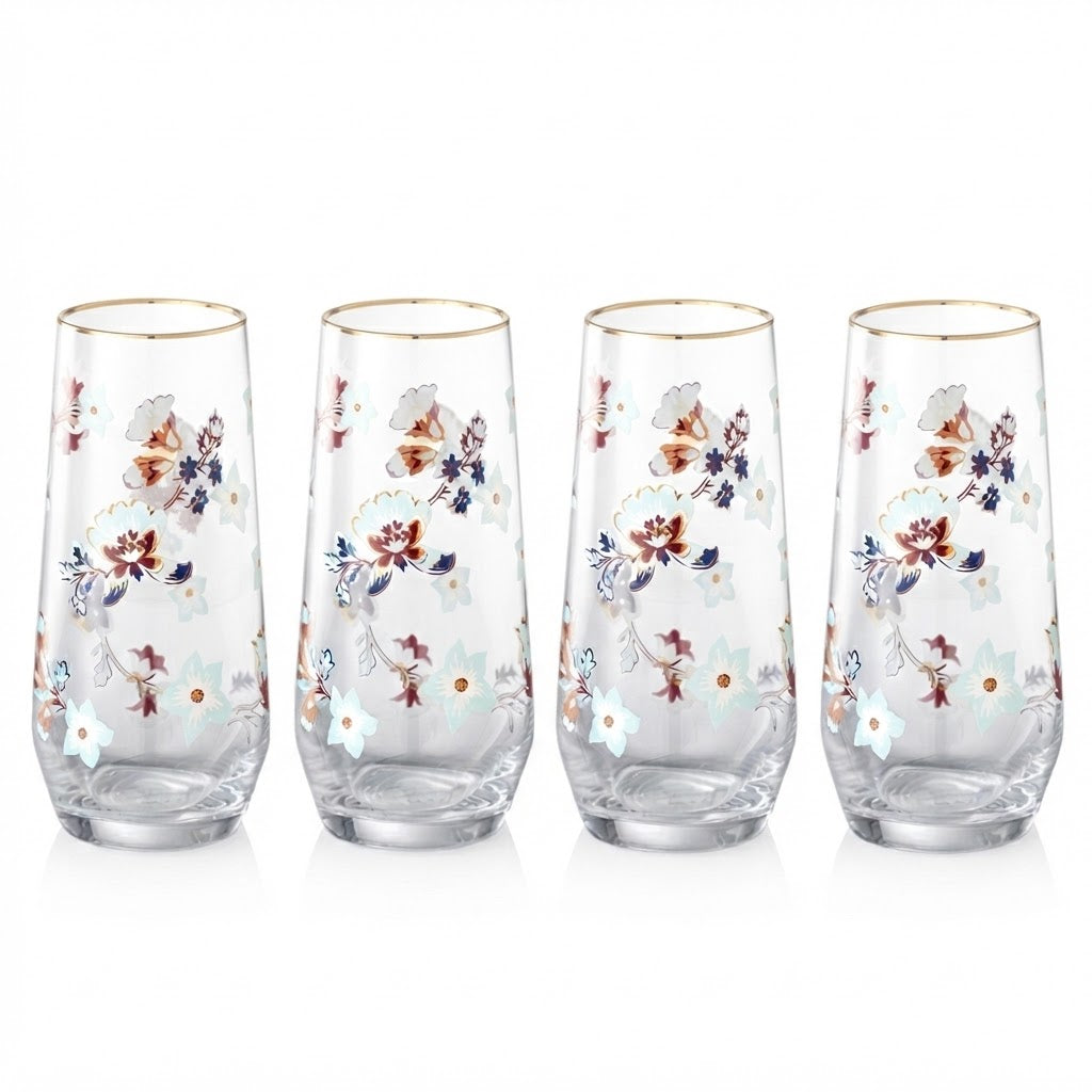 Danny Home Gold Rim Floral Tall Glass 4 Pieces Set 560ml at Zubaidas Homestore Pakistan