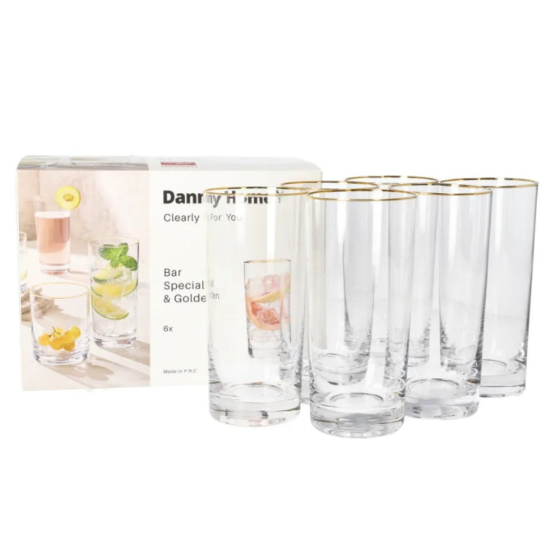 Danny Home Gold Rim Long Glass 6 Pieces Set 460ml at Zubaidas Homestore Pakistan