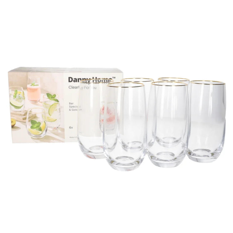 Danny Home Gold Rim Long Glass 6 Pieces Set 490ml at Zubaidas Homestore