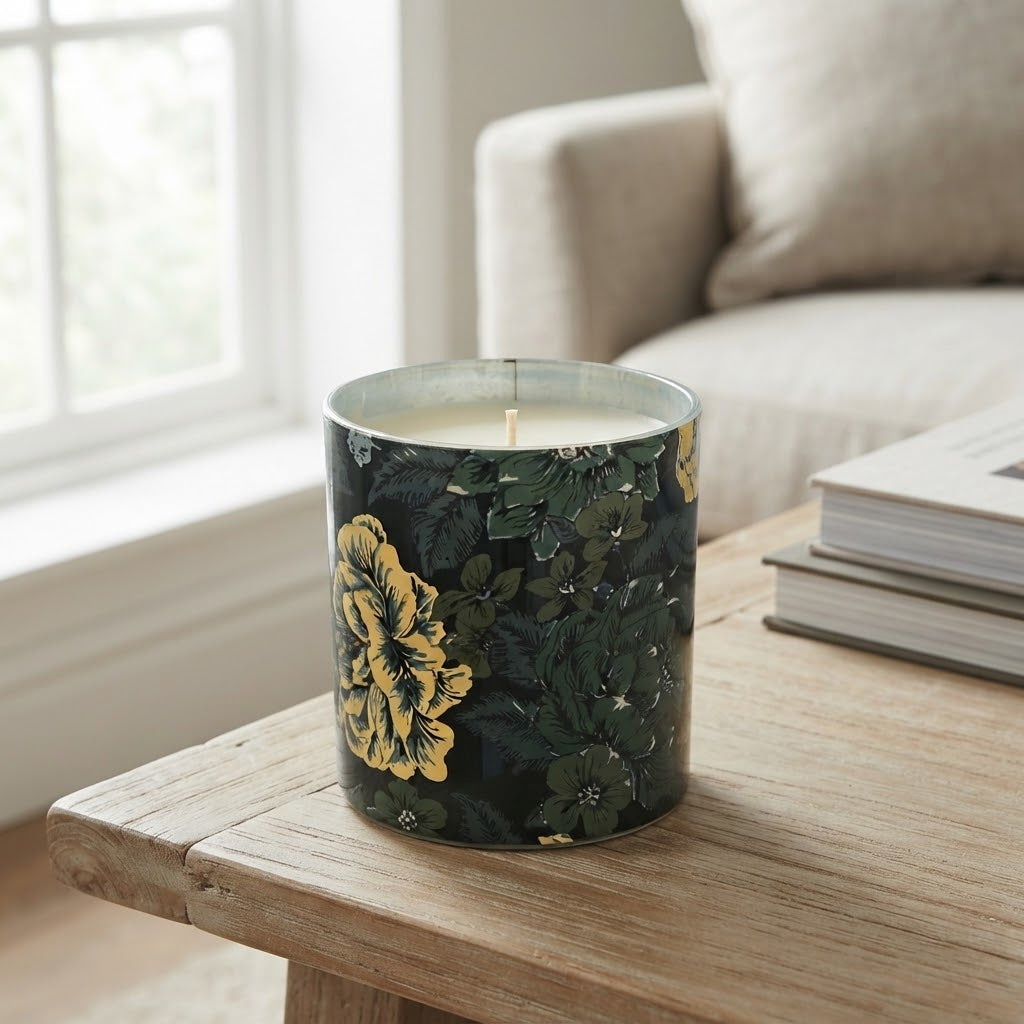 Dark Floral Print Scented Candle in Glass Jar with Golden Lid at Zubaidas Homestore 