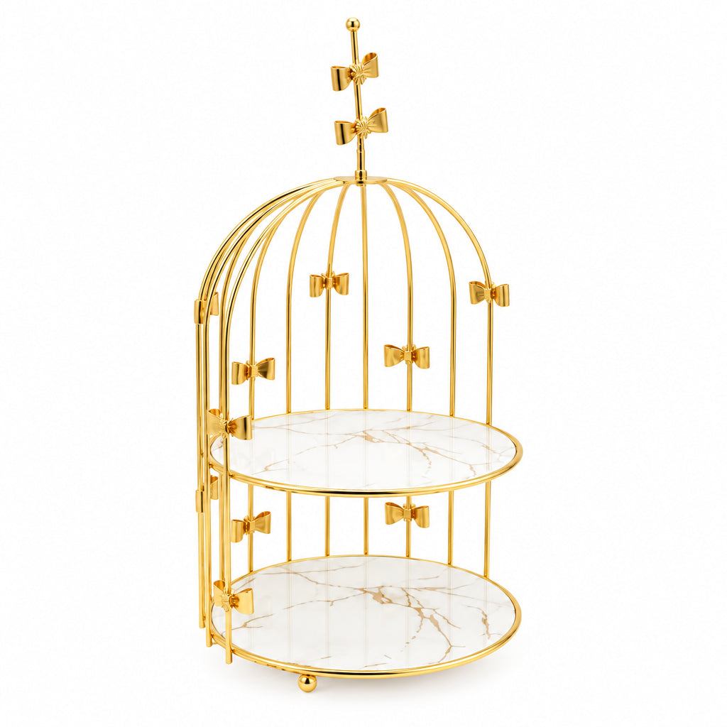 Decorative 2-Tier Birdcage Dessert Stand with Bows Gold at Zubaidas Homestore Pakistan
