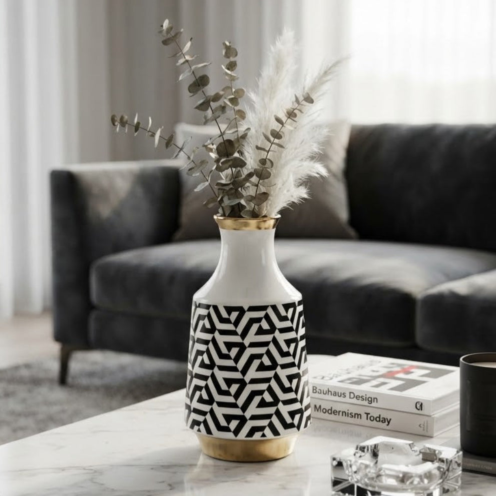 Decorative Geometric Ceramic Vase with Gold Accent at Zubaidas Homestore