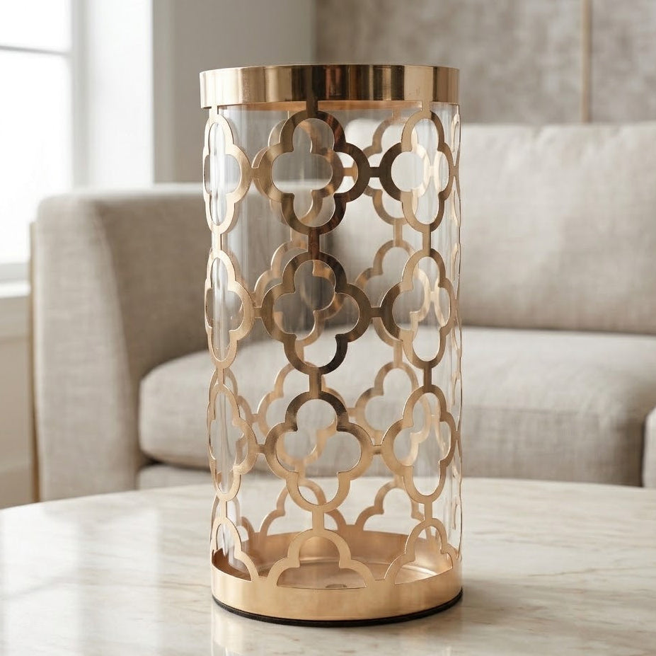 Decorative Glass Vase with Golden Metal Lattice Frame at Zubaidas Homestore 