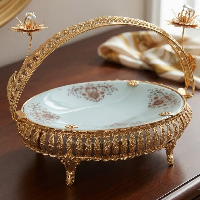 Decorative Golden Serving Platter with Handle and Floral Accents at Zubaidas Homestore