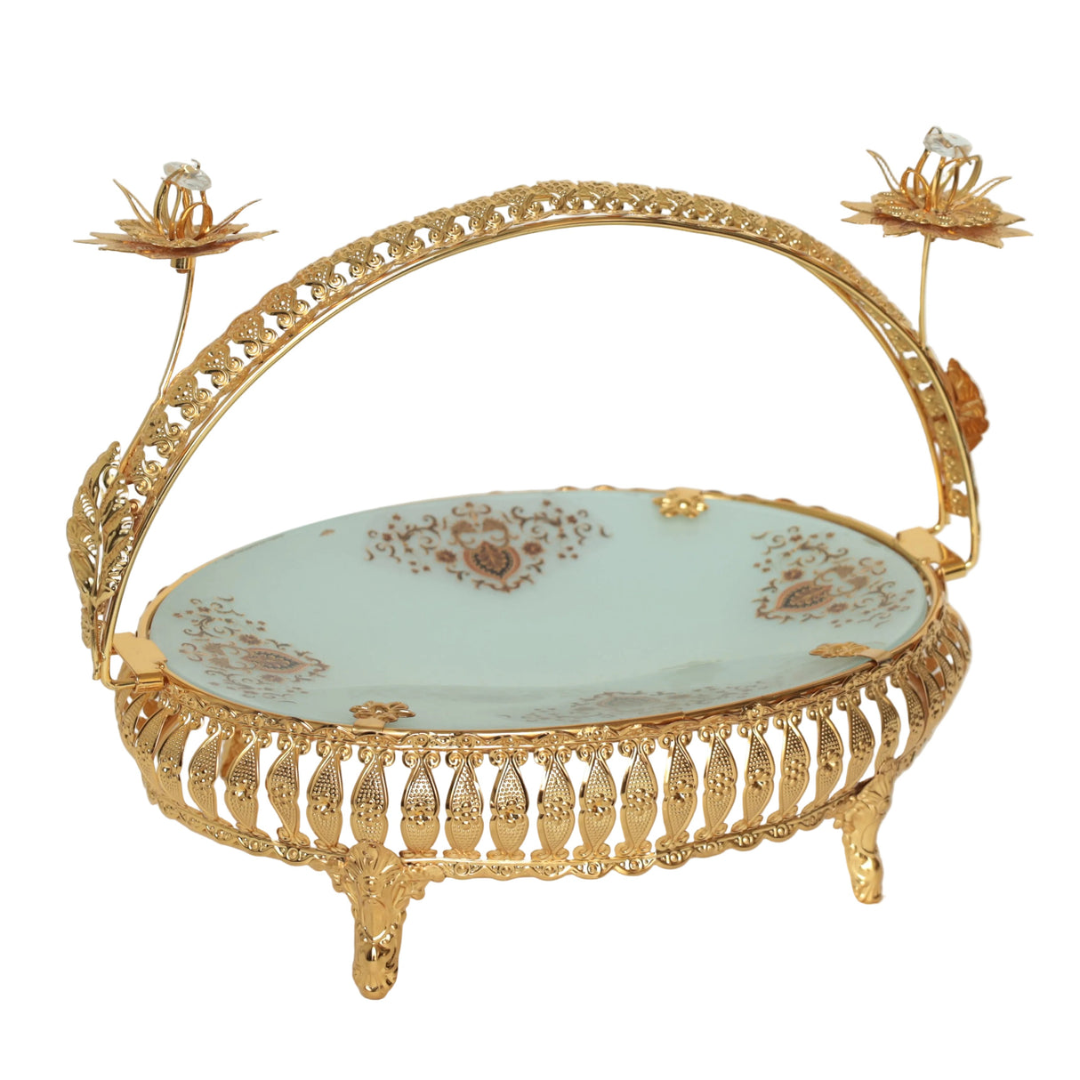 Decorative Golden Serving Platter with Handle and Floral Accents at Zubaidas Homestore. Most Trusted Homestore in Pakistan
