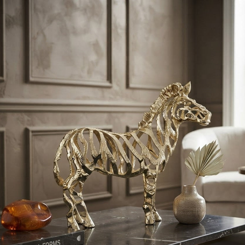 Decorative Metal Zebra Sculpture Golden at Zubaidas Homestore 