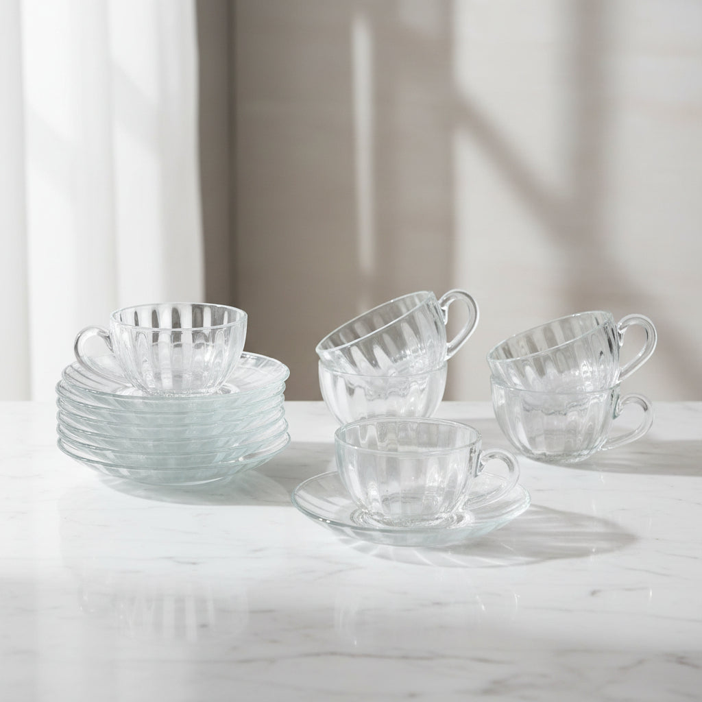 Delisoga 12 Pcs Ribbed Glass Tea Cup And Saucer Set 280ml at Zubaidas Homestore 