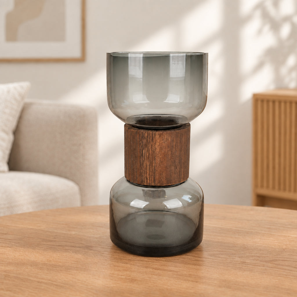 Dual Chamber Decorative Vase with Wooden Collar at Zubaidas Homestore