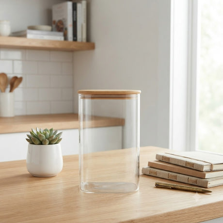Elegant Glass Storage Jar with Bamboo Lid at Zubaidas Homestore Pakistan