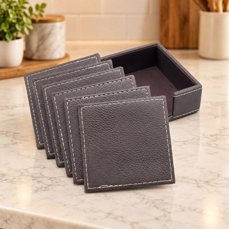 Faux Leather Textured Coaster 7 Pcs Set with Storage Holder at Zubaidas Homestore 