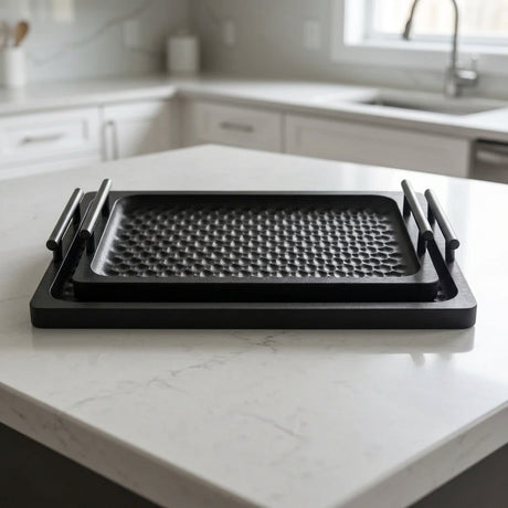 Fiber Rectangular Serving Tray with Handles 2 Pieces Set Black at Zubaidas Homestore 