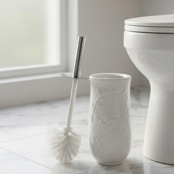 Floral Relief Ceramic Toilet Brush and Holder Set at Zubaidas Homestore