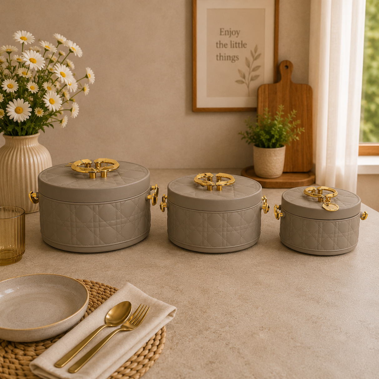Forever Gold Quilted Grey Hot Pot Set With Gold Handles 3pcs at Zubaidas Homestore Pakistan