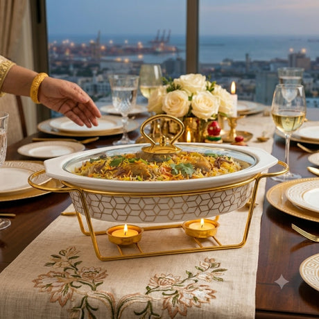 Geometric Ceramic Casserole With Gold Stand 28cm at Zubaidas Homestore Best for Home Shopping