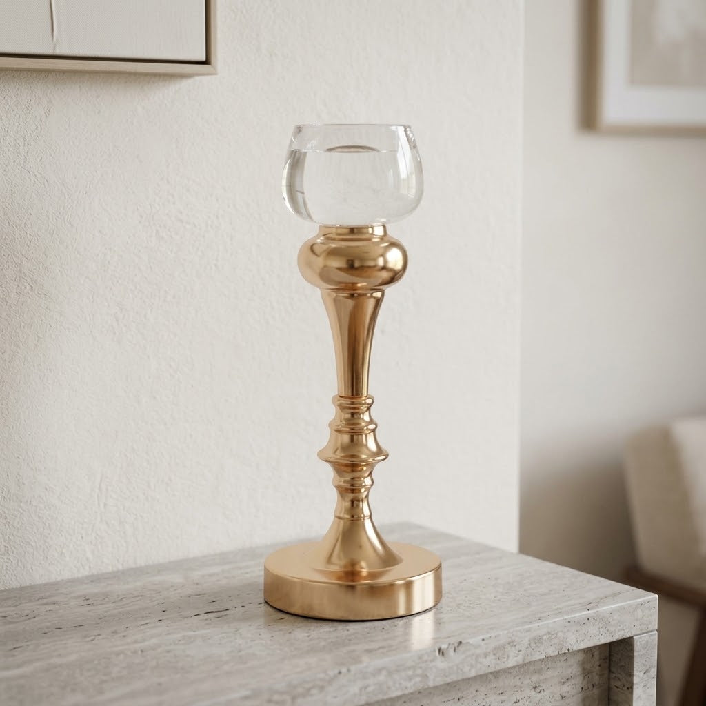 Glass Candle Holder with Metallic Base at Zubaidas Homestore