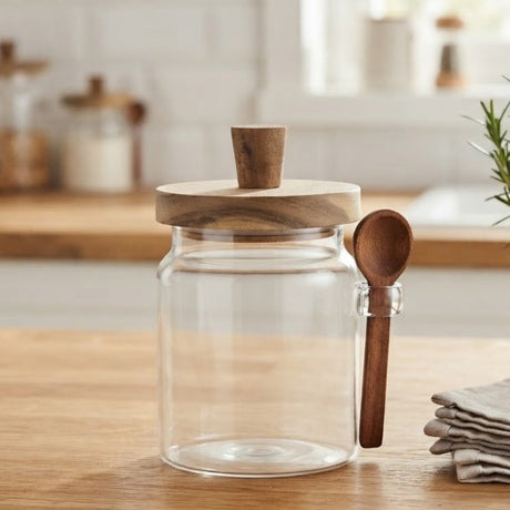 Glass Food Storage Jar with wooden Lid and Spoon 500ml at Zubaidas Homestore