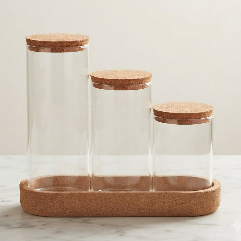 Glass Storage Jar Set of 3 with Cork Lids and Tray at Zubaidas Homestore 