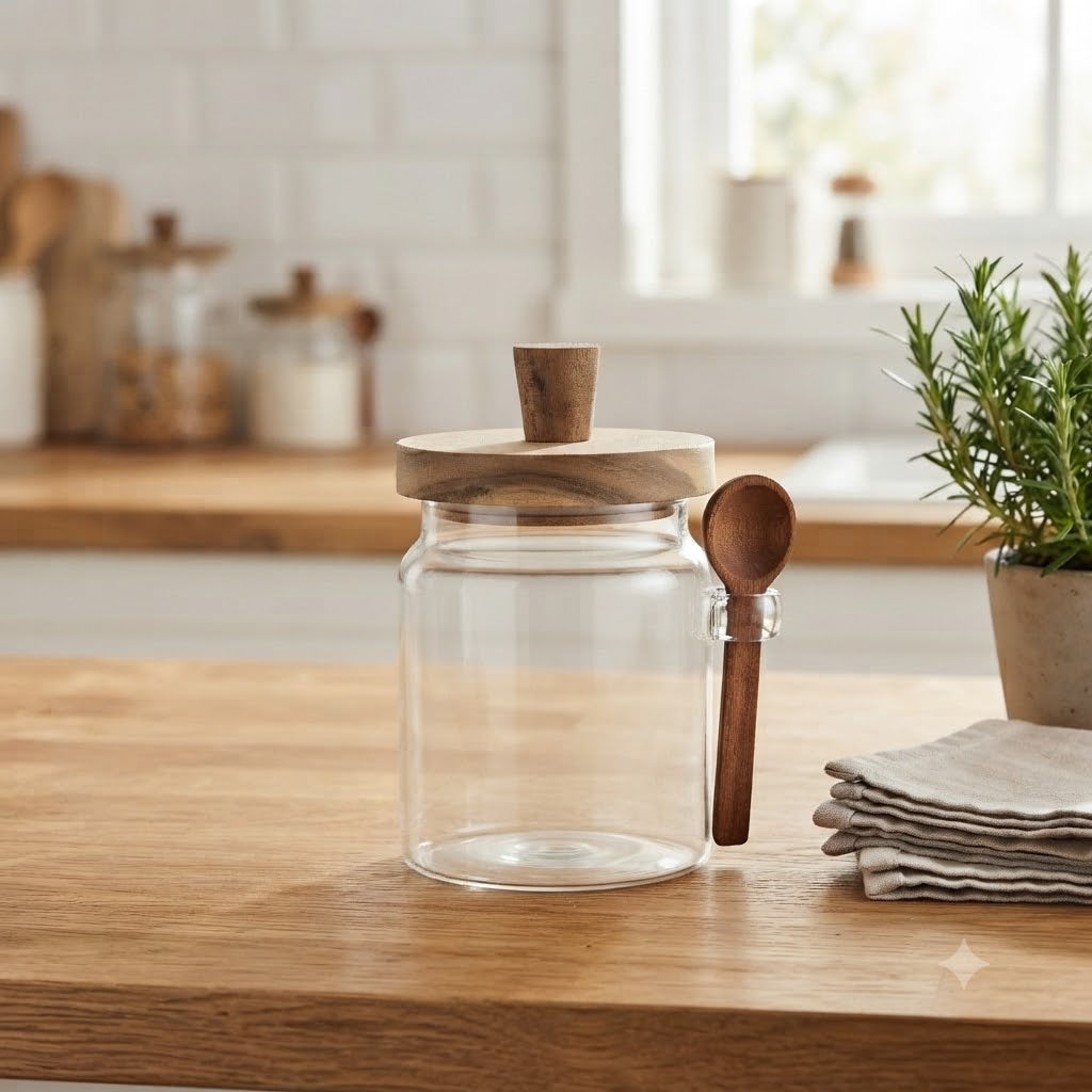 Glass Storage Jar With Wooden Lid And Spoon 500 ML Zubaidas Homestore Pakistan