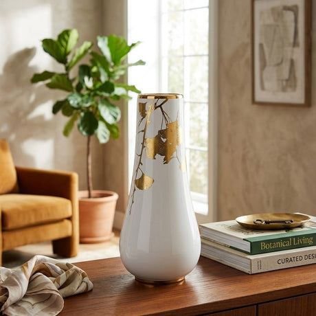 Golden Leaf Ceramic Vase White Design at Zubaidas Homestore Best for Home Shopping
