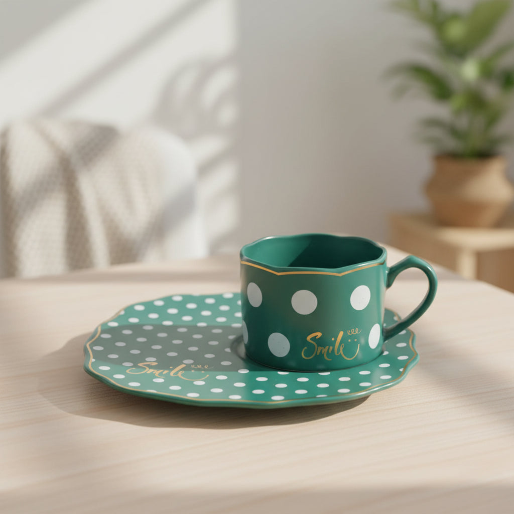 Polka Dot Ceramic Mug Green with Round Tray at Zubaidas Homestore 