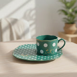 Polka Dot Ceramic Mug Green with Round Tray at Zubaidas Homestore 