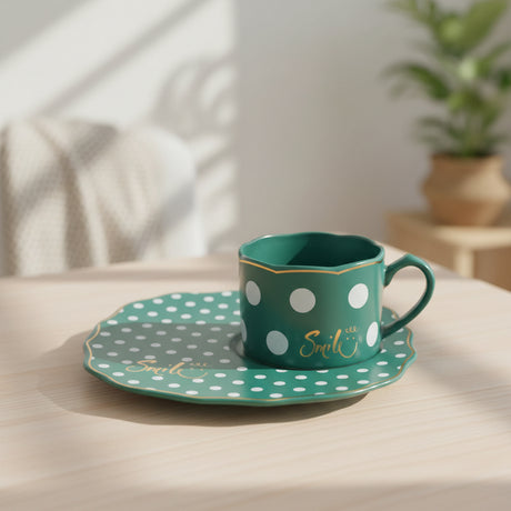 Polka Dot Ceramic Mug Green with Round Tray at Zubaidas Homestore 