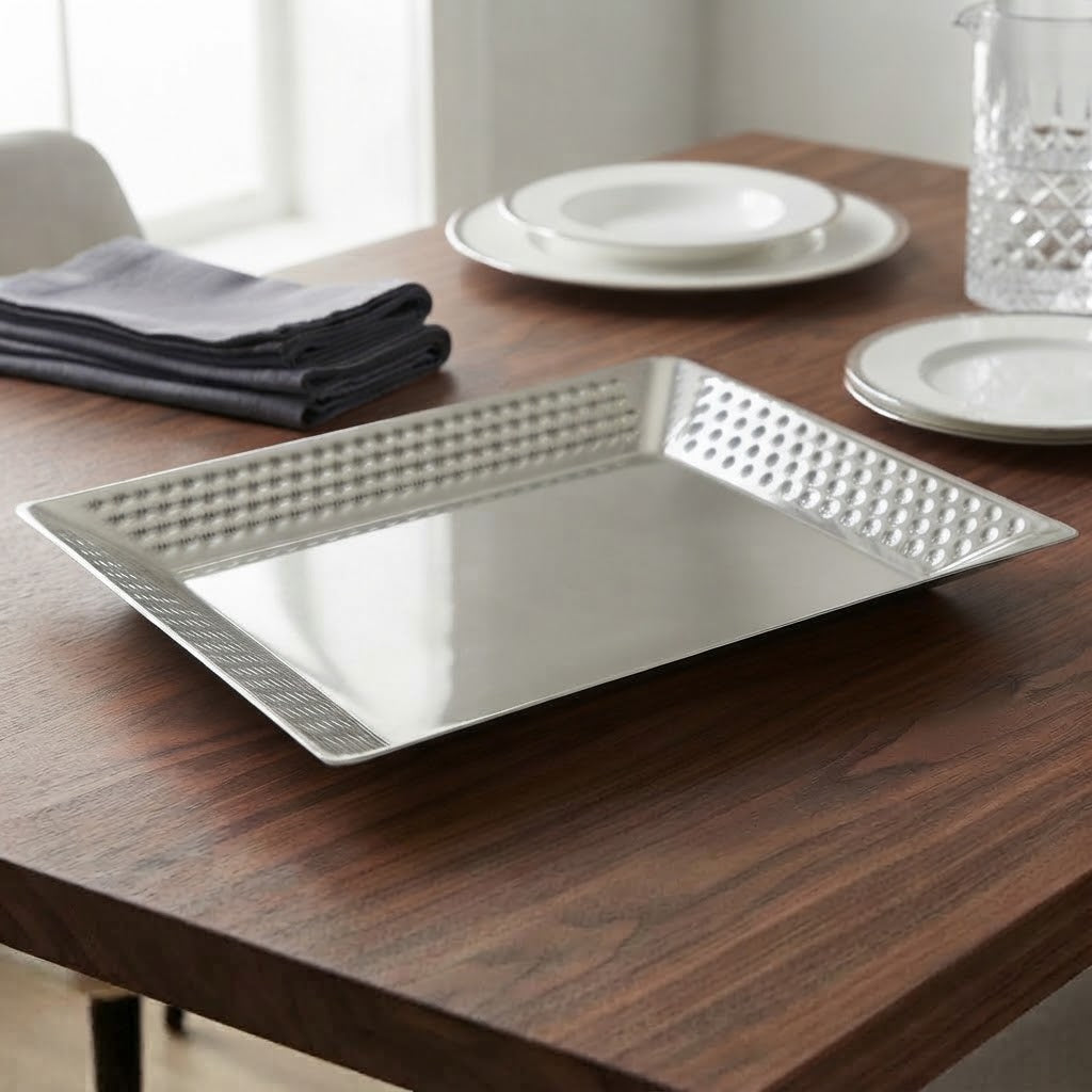 Hammered Rectangular Serving Platter 32cm Silver at Zubaidas Homestore