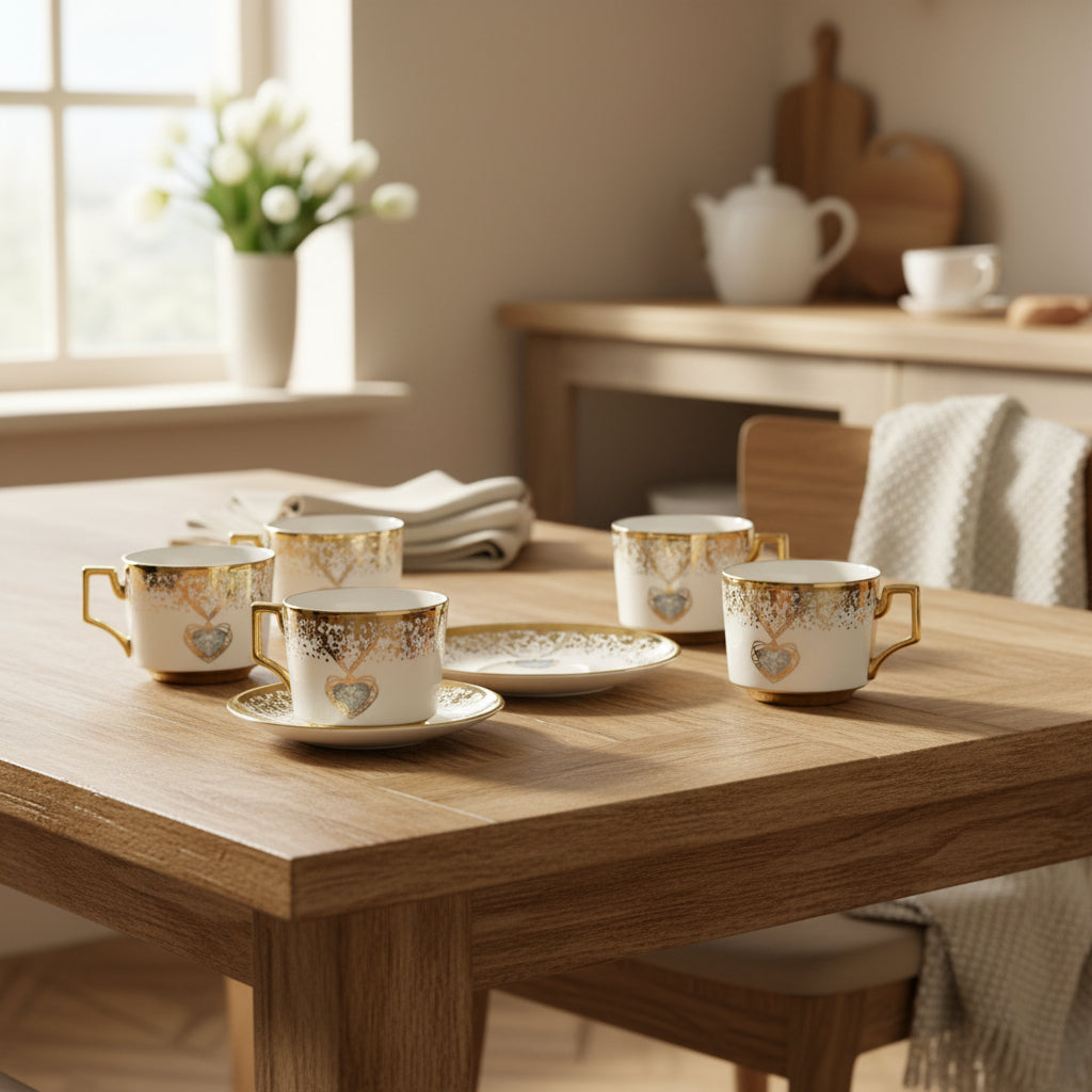 Heart Design Porcelain Cup and Saucer 6 Pieces Set at Zubaidas Homestore 