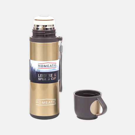 Homeatic Flask with Integrated Cup Lid 500ML Golden Steel Water Bottle at Zubaidas Homestore Pakistan
