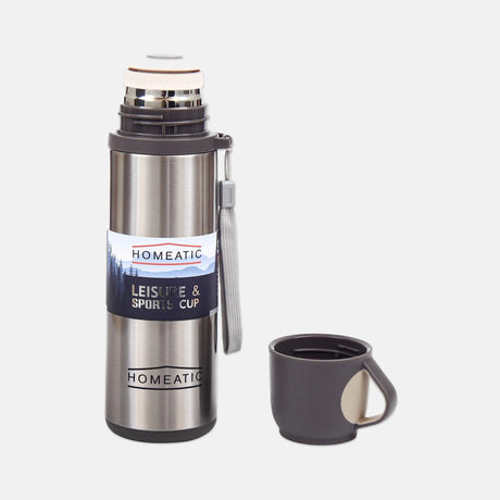 Homeatic Flask with Integrated Cup Lid 500ML Silver Steel Water Bottle at Zubaidas Homestore Pakistan