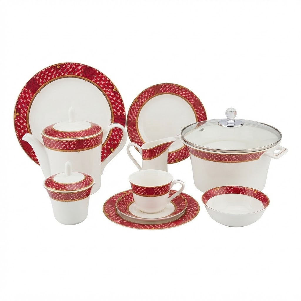 John Wood Red and Gold Patterned Dinner Set 61 Pieces at Zubaidas Homestore 
