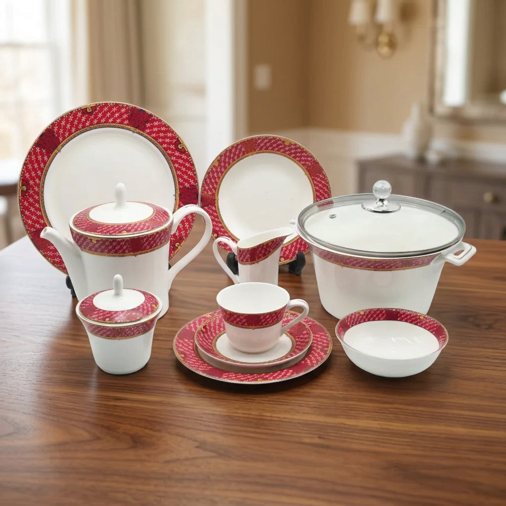 John Wood Red and Gold Patterned Dinner Set 61 Pieces at Zubaidas Homestore