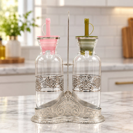 Kitchen Dining Table Oil and Vinegar Cruet Bottles with Stand at Zubaidas Homestore