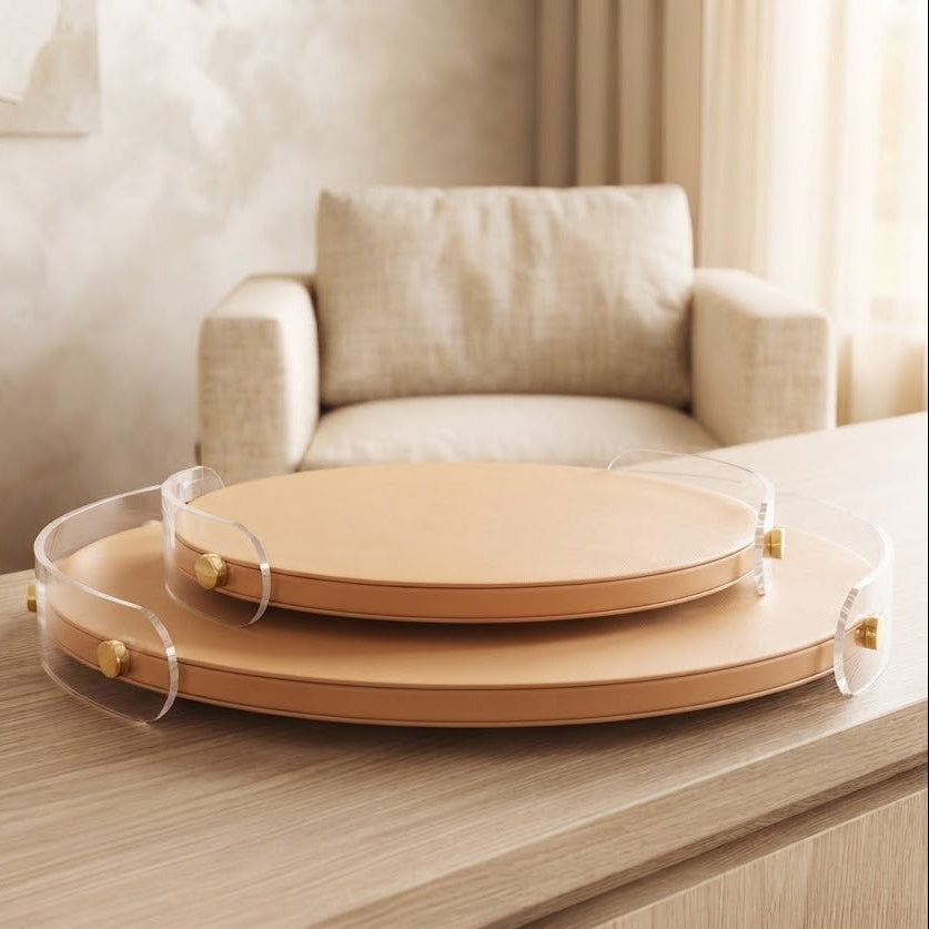 Leather Organizer Round Tray with Acrylic Handle 2 Pieces Set at Zubaidas Homestore 